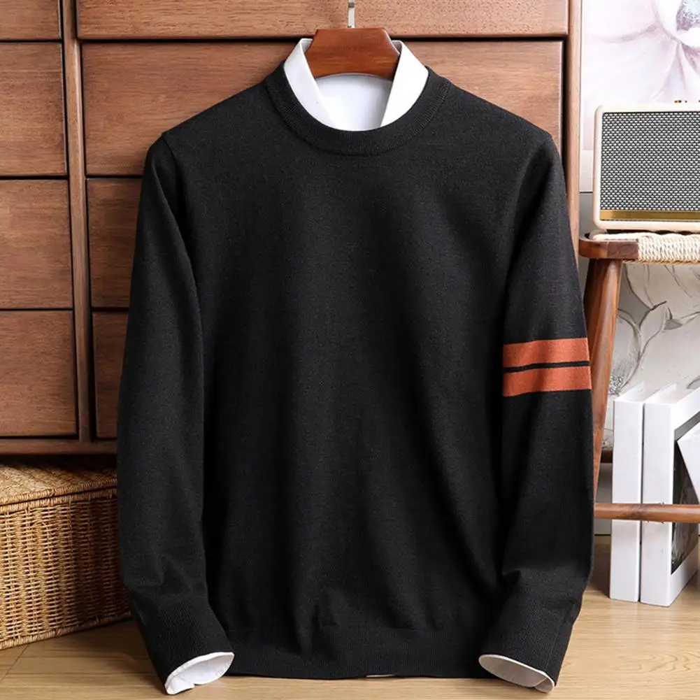 Everyday Wear Knitted Sweater Men's Thickened Round Neck Sweater with Stretchy Cuffs Hem for Fall/winter Solid Color Long