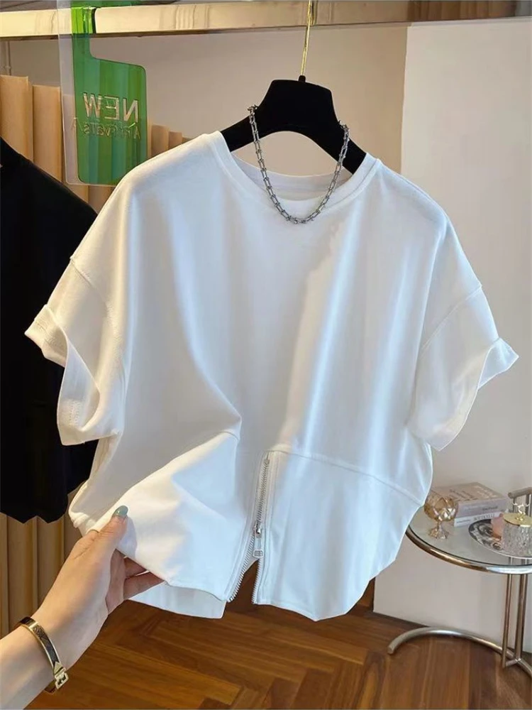 Loose T-shirts Women Zipper Splits S-3XL Chic Streetwear Summer Fashion Casual Minimalist O-neck Korean Style Students All-match