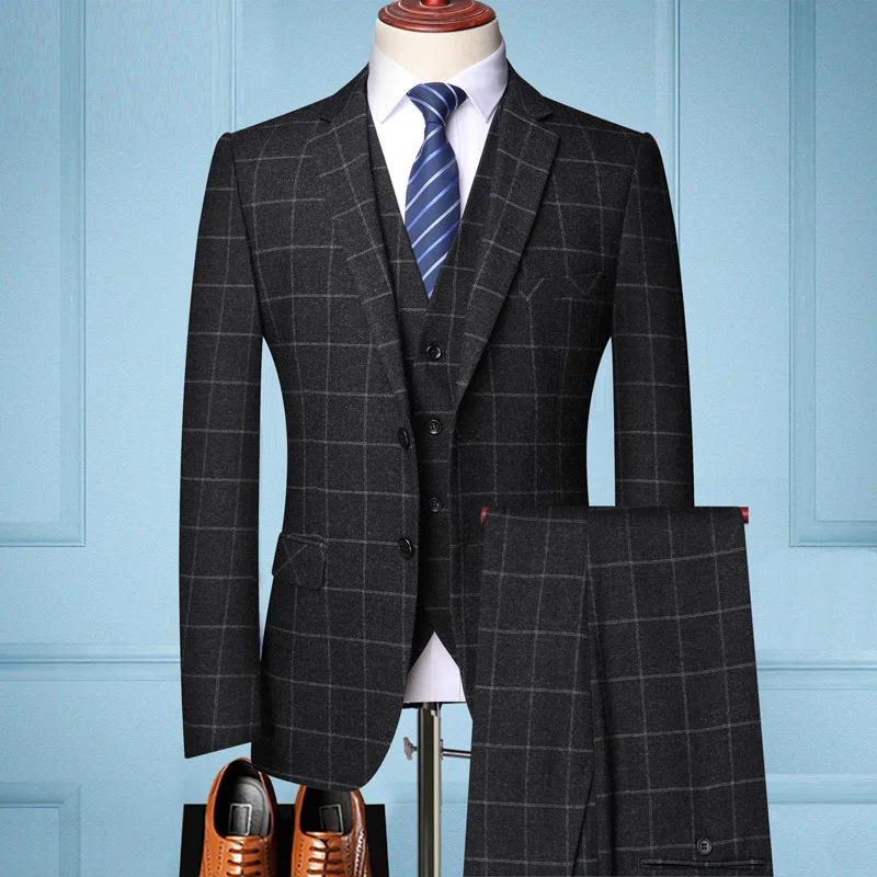 (99) Groom's Suit, Men's Three-piece Wedding Suit, Slim Fit, Business Casual, Formal, British Plaid Suit