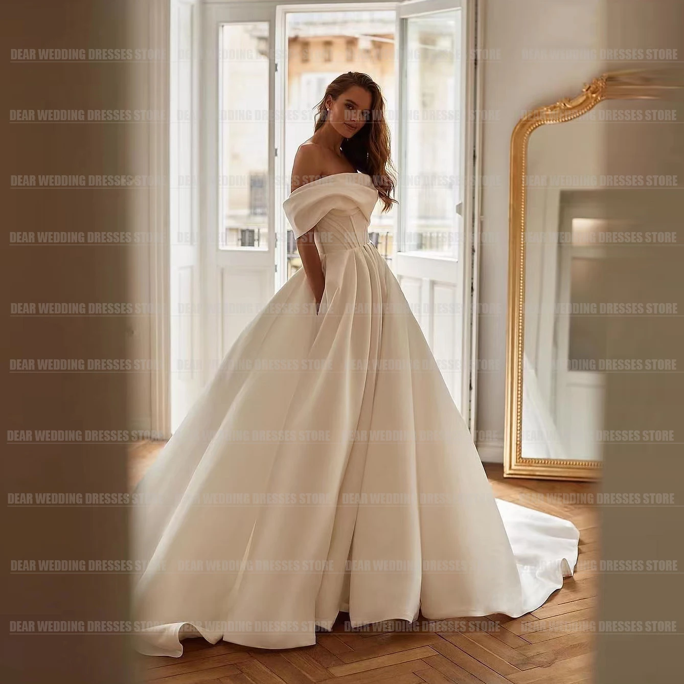 Semplici ed eleganti abiti da sposa con spalle scoperte per donna una linea Sexy scollo A barca Sweep Train abiti da sposa da principessa formali in raso