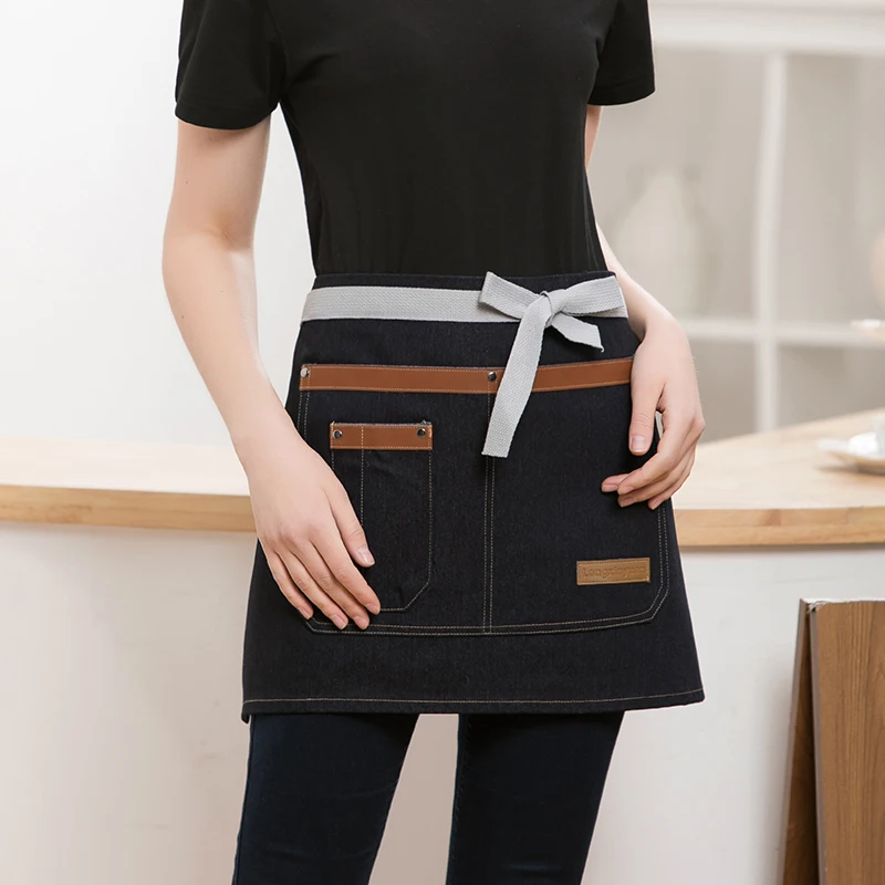 Denim Server Apron for Women Fashion Short Waist Bibs Restaurant Pho Coffee Shop Hospitality Small Half Pinafore Custom Mandiles image 4