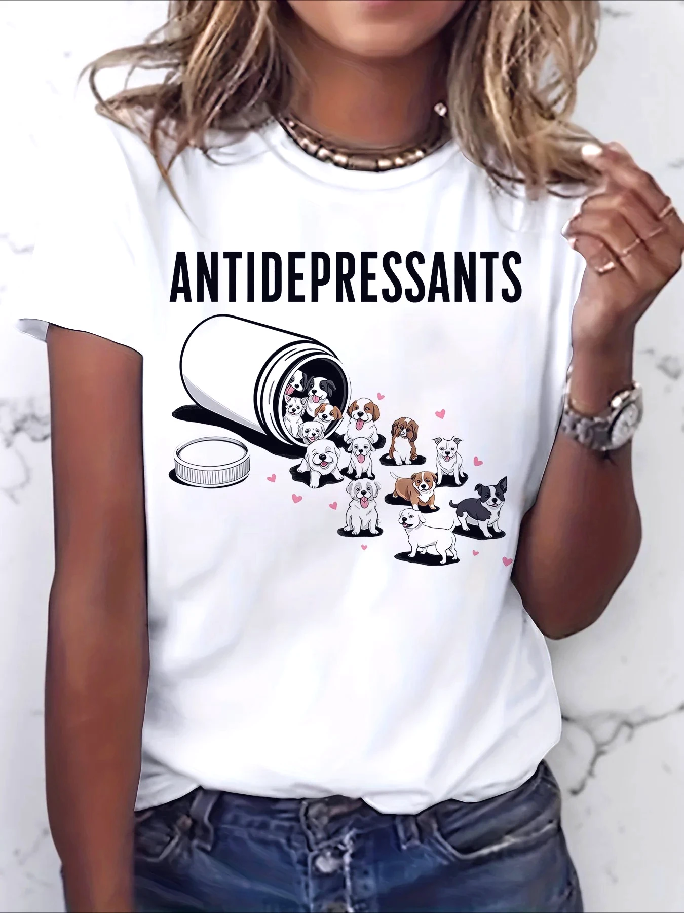 Damen-T-Shirt mit Aufdruck „Antidepressants Puppies“, kurzärmelig, lässig, Sommer, Rundhalsausschnitt, lustige Grafik-T-Shirts für Hundeliebhaber, Oberteile für Hundemamas