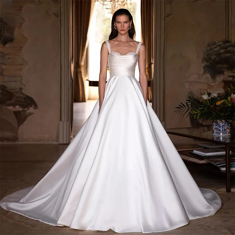 

Modern Wedding Dresses Bride Fully Satin With Bead A-Line Ball Gown V-Neck Sleeveless Customized Bride Zipper Robe MariéE Satin