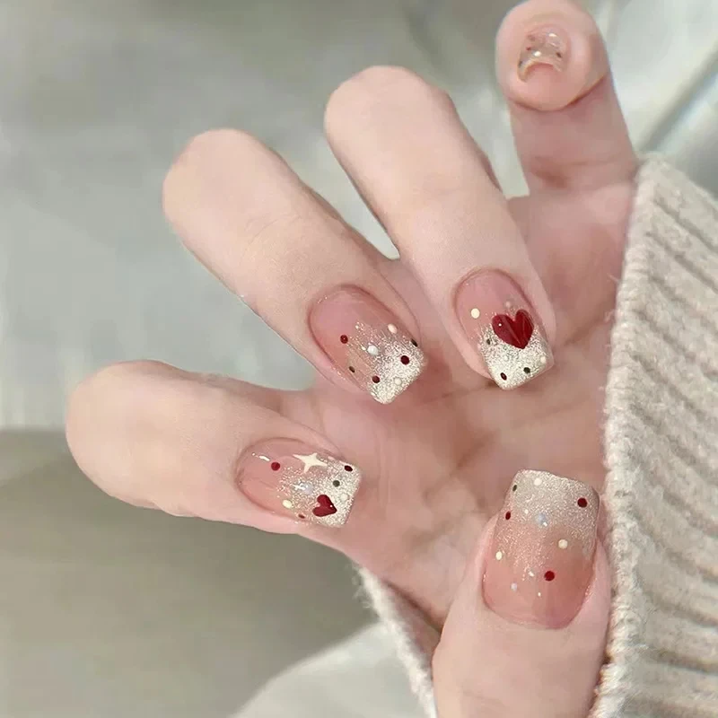 

24 Pcs Simple Artificial Press on Nails for Women Cute Red Heart Medium Short False Nails with Tools Korean Realistic Fake Nails