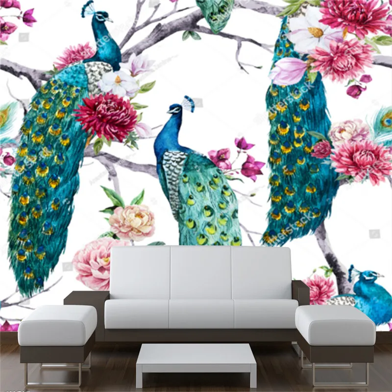 

Watercolor Peacock Sitting on The Tree Flower Peony Wallpaper for Living Room Tv Sofa Background Wall Papers Home Decor Mural 3d