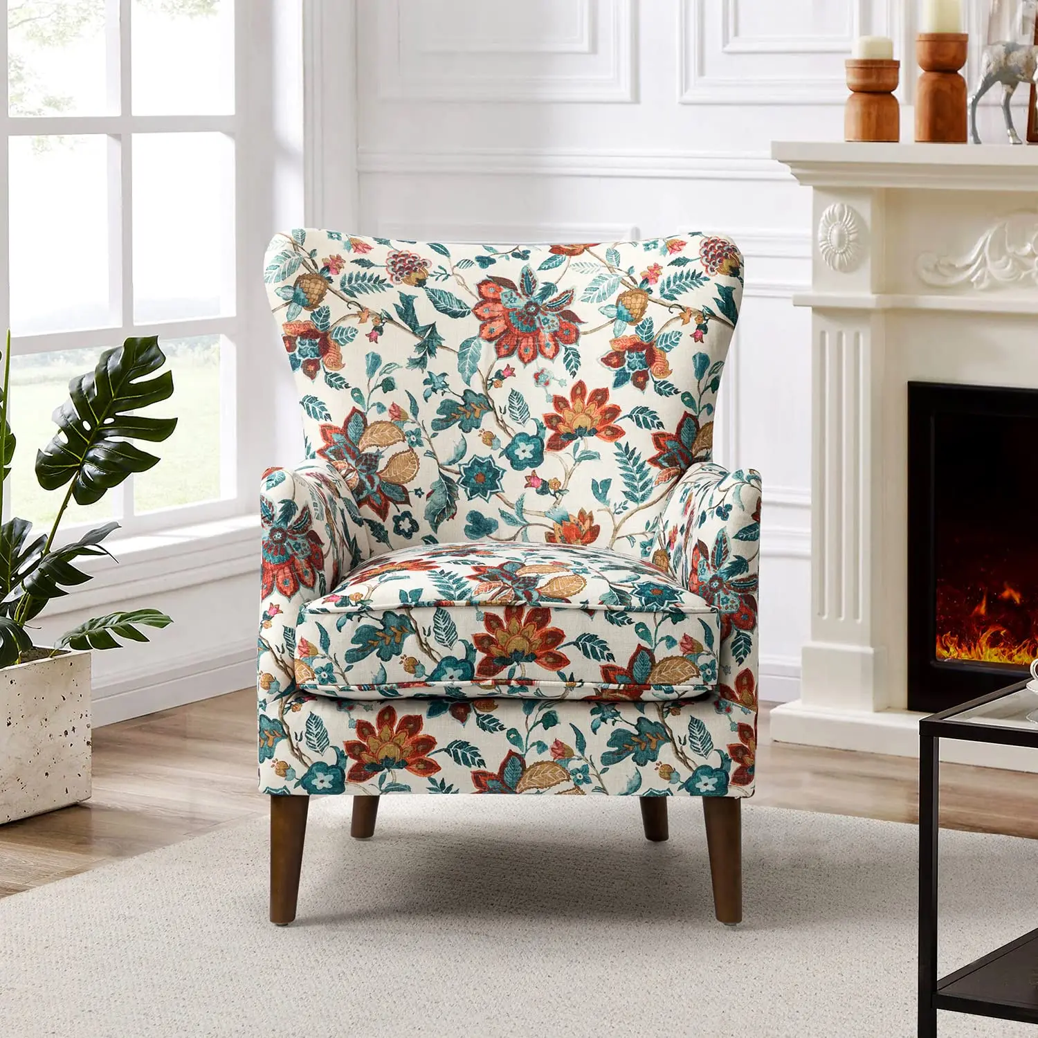 Floral Wingback Armchair with Solid Wooden Legs, Comfy Upholstered Single Sofa for Living Room & Office, Customized