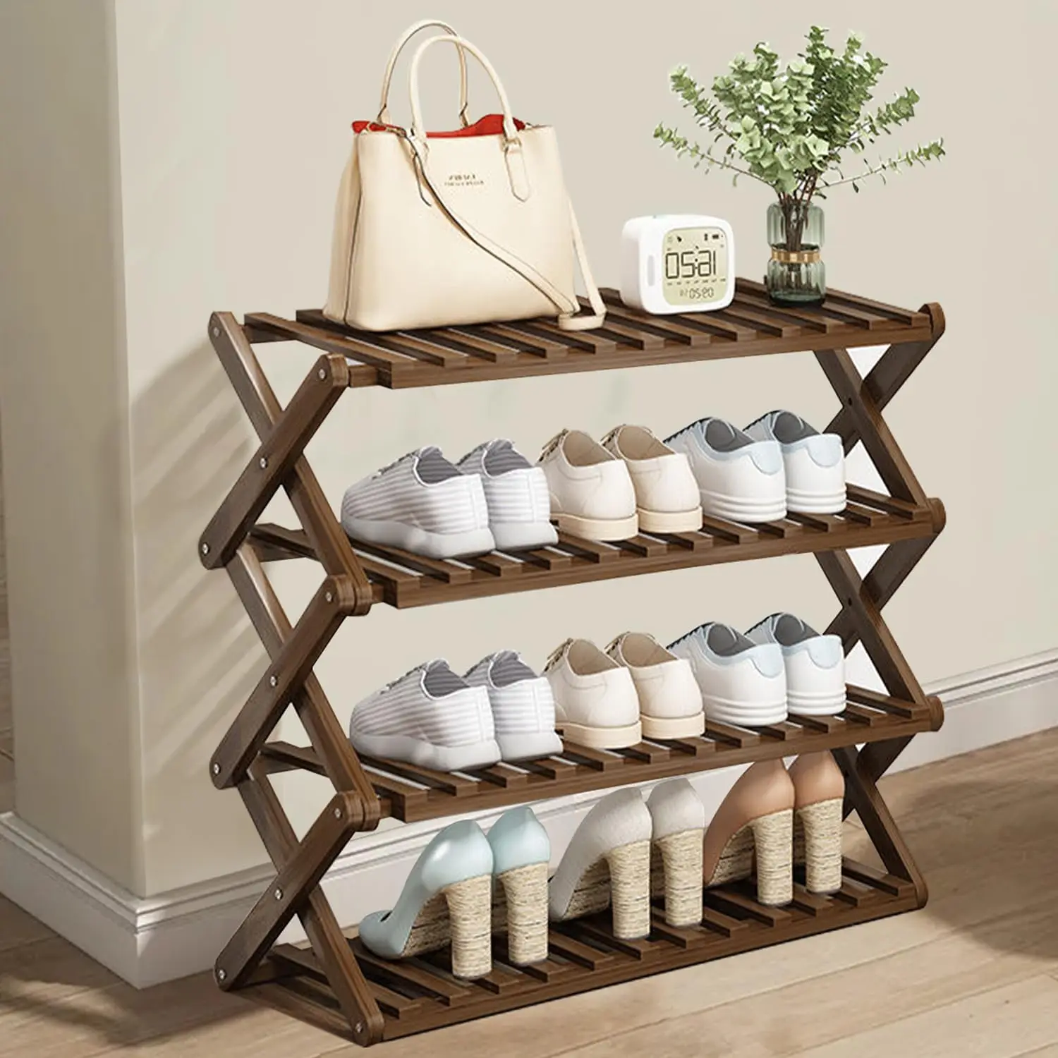 

Bamboo Shoe Rack 4 Tier Foldable Shoe Racks Multi-Tier Closet Shoe Rack Storage for Entryway Door Hallway Bedroom Small Spaces