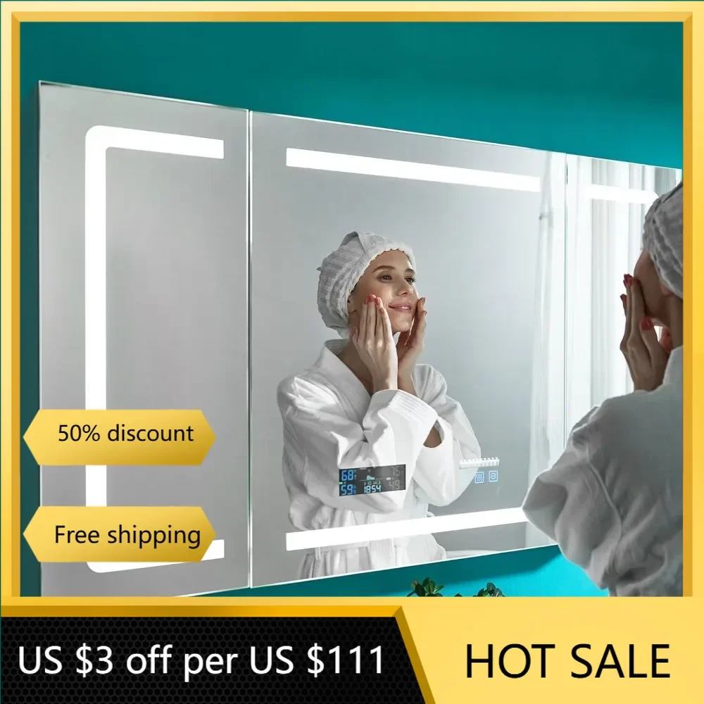 48x28''Bathroom Medicine Cabinet with Bluetooth& Speaker, Clock, Room Temp Display, Defog, Stepless Dimming