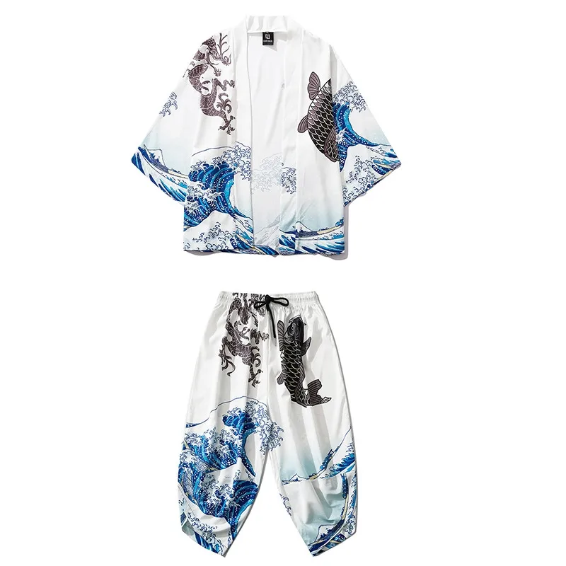 Men Japanese Kimono Traditional Casual Loose Thin a Set of Coat and Pants Asian Clothes Harakuju Fish Print Kimono Cardigan