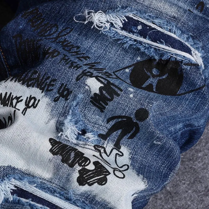 جينز رجالي جديد على الموضة Y2K، مطلي، مطوي، مغسول، حنين، قابل للتمدد، مقاس نحيف، جينز أزرق، بنطال ماركة هيب هوب عالي الشارع #5