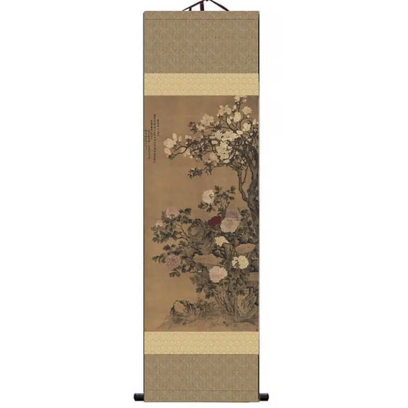 Chinese Auspicious Wealth & Longevity Peach Motif Painting Scroll, Retro Silk‑Fabric Wall Hanging Home Decor