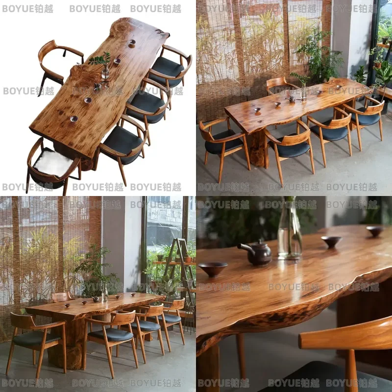Antique Solid Wood Tea Table Set Large Irregular Slab Desk with Chairs for Office Teahouse Natural Edge Live Edge Furniture