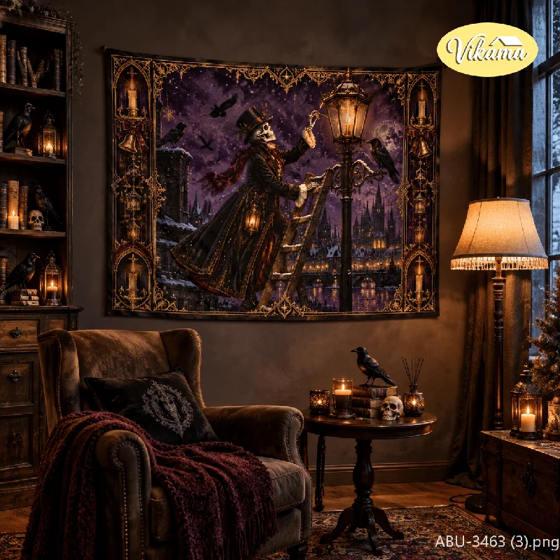 VIKAMA Skeleton Gentleman Top Hat Wall Tapestry Lamp Post Crow Purple City Gothic Home Decor Trendy Art Soft Durable Cozy Gift