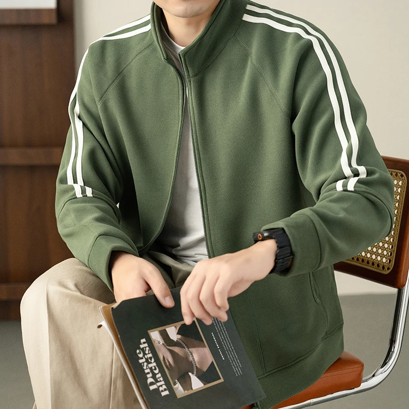 High End Stand Up Collar Striped Cardigan Sweatshirt for Men, 2026 Spring and Autumn New Loose Casual Jacket Top