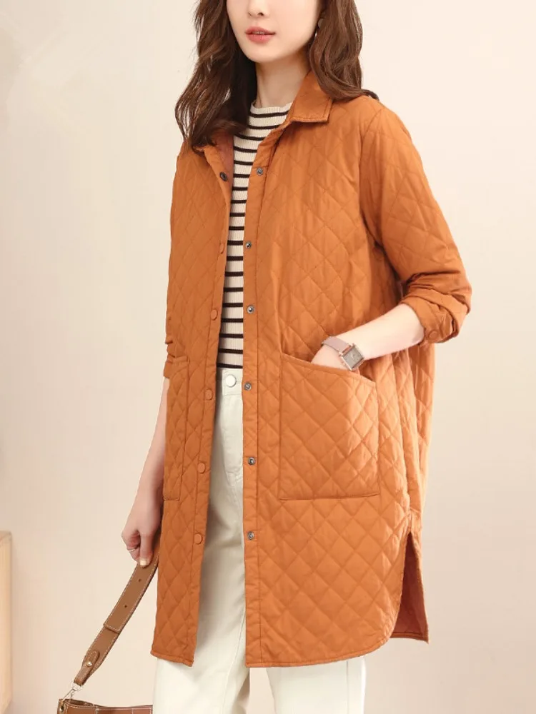 

Легкая хлопковая куртка с ромбовидным узором, женская свободная одежда средней длины, большого размера, повседневное теплое хлопковое пальто для мам, верхняя одежда