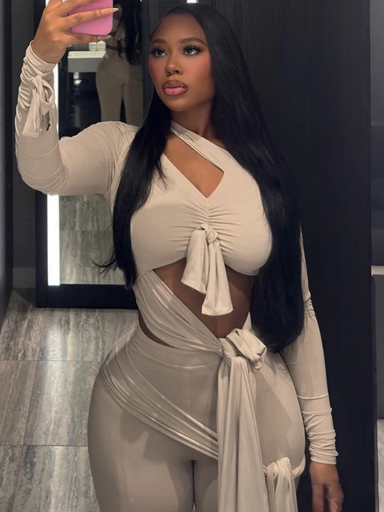 奇妙な猫柄イレギュラーノット2ピースセット レディース パッチワーク 長袖 ホロートップ+フレアパンツ セクシー タッセル ストレッチ クラブウェア オーバーオール