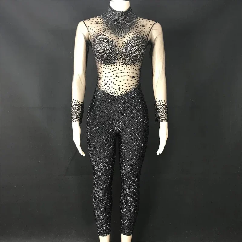Combinaison luxueuse à strass, maille Sexy, justaucorps en cristal pour femmes, barboteuse de bal de soirée, tenue Rave, Costumes Drag Queen, XS5667