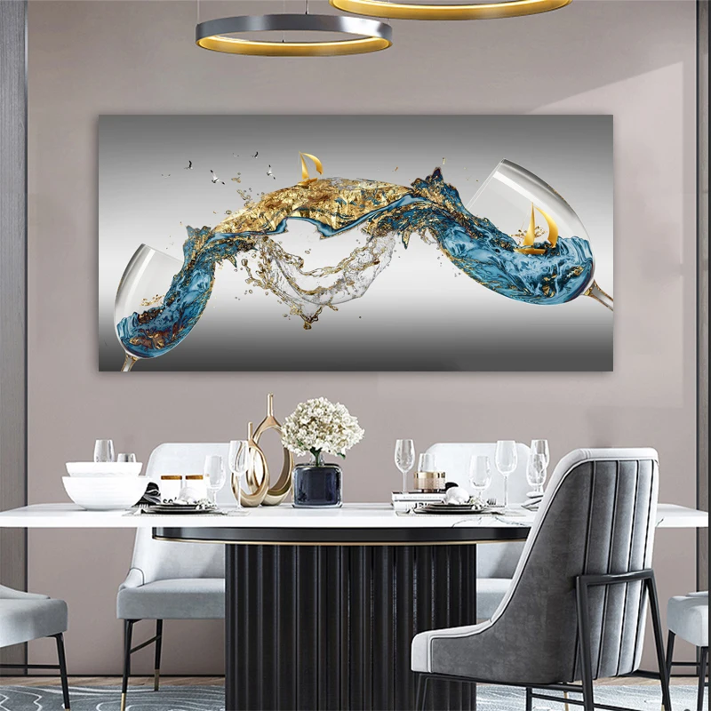 Abstract Cups Posters Wine Glass Canvas Prints Golden Boat Painting Wall Art Picture for Living Room Home Decoration No Frame