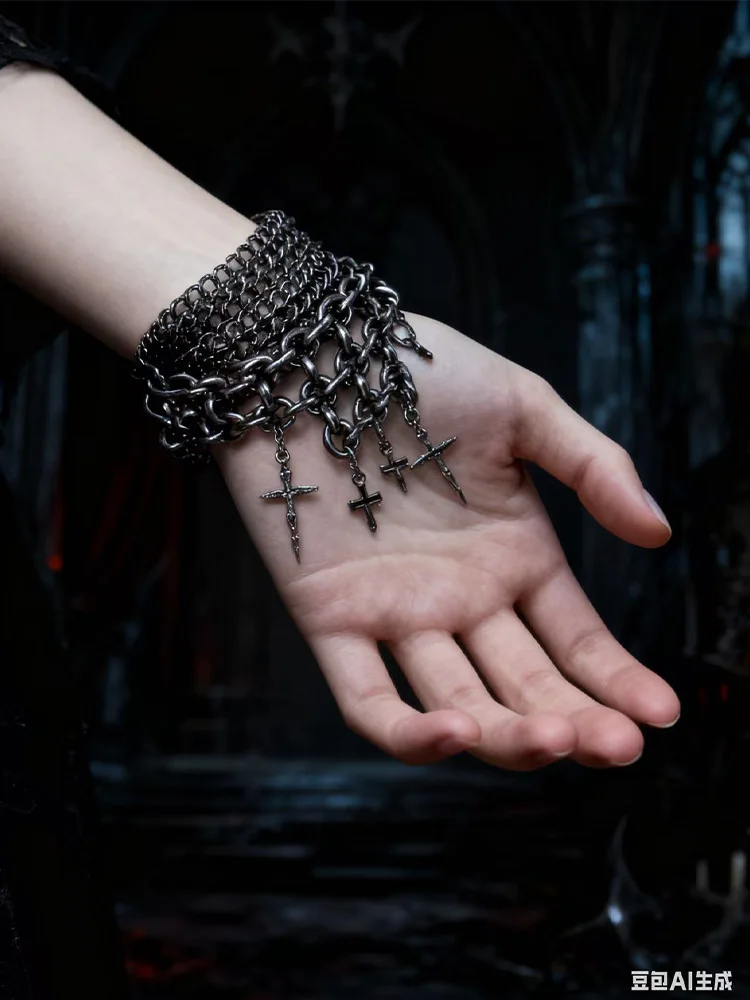 Vintage Layered Chain Bracelet with Cross Charms, Unisex Jewelry Accessory for Men and Women, Edgy Fashion Item