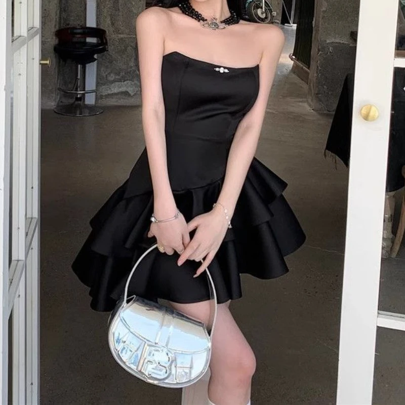 HOUZHOU Black Strapless Sweet Satin Dresses Woman Mini Sleeveless Short Dress Coquette Aesthetic Ruffle Bodycone Summer Chic