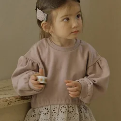 2023 autunno nuovi bambini coreani ragazze alla moda pizzo girocollo allentato maglione corto set di abbigliamento per bambini