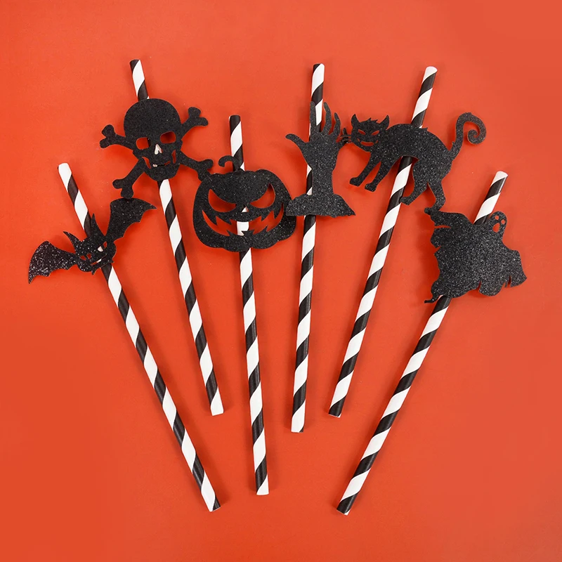Happy Halloween Straws Black Horror Bat Spider Skull Ghost Paper Straw Halloween Party Decorations Supplies DIY Beverage Decor
