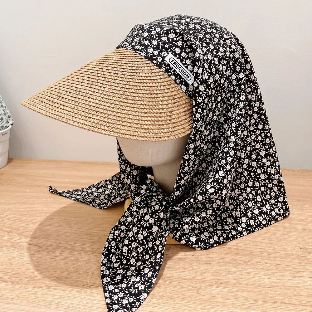 Floral style plaid strap headscarf hats for women sunmmer seadise beach vacation sun protection fashion versatile sun hat