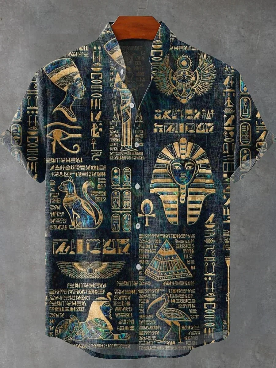 2025 new men's retro literary shirt abstract geometric retro print casual linen short-sleeved shirt beach vacation men's wear
