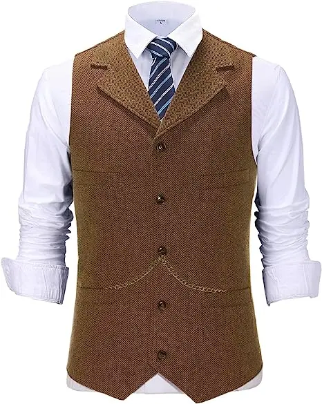 Chaleco de traje para hombre, solapa con cuello en V, lana en espiga, chaleco informal de negocios, chaleco de padrino de boda, chaleco de negocios de Tweed de lana