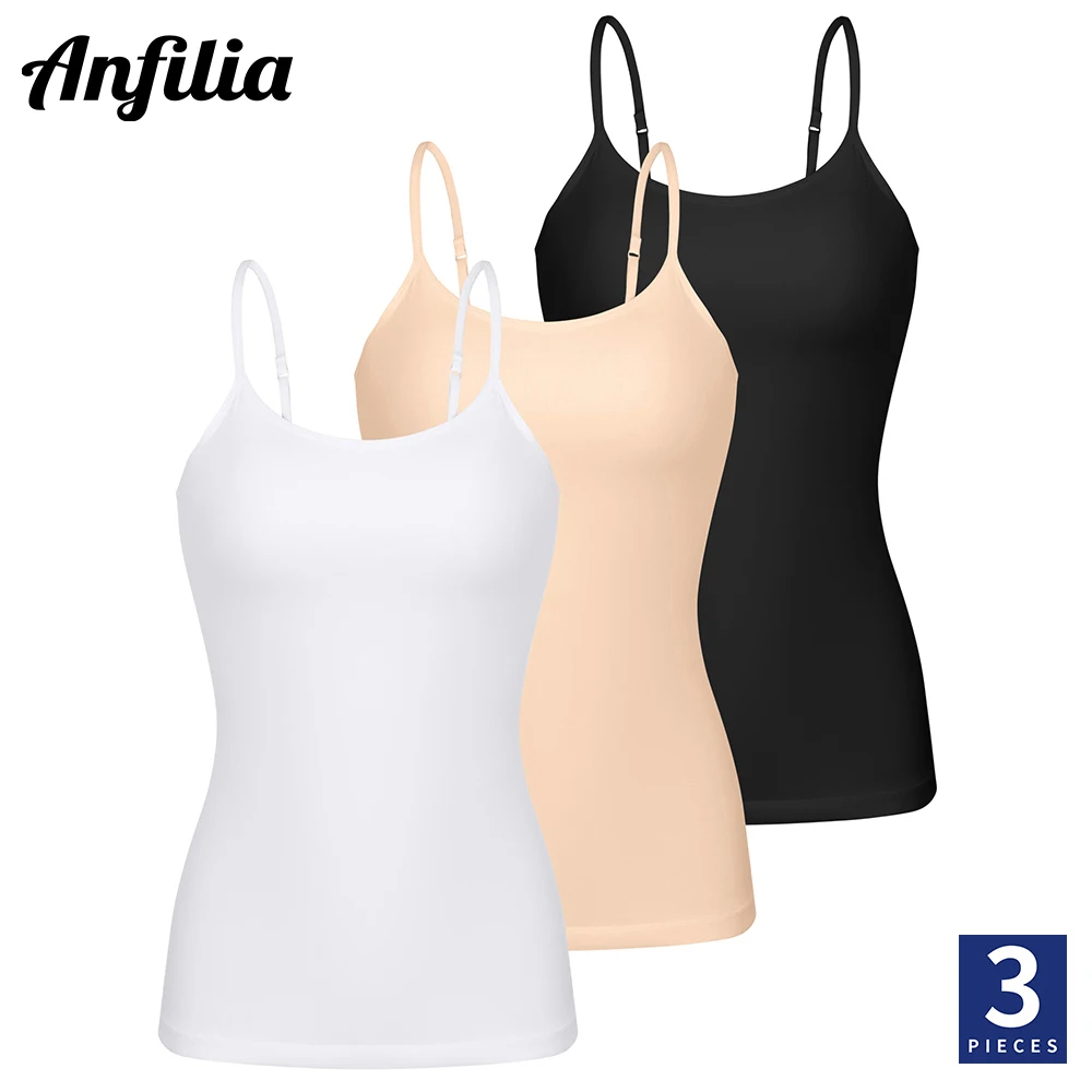 Anfilia - Camisola con sujetador de algodón para mujer, top con tirantes finos ajustables, camiseta sin mangas de verano, paquete de 3