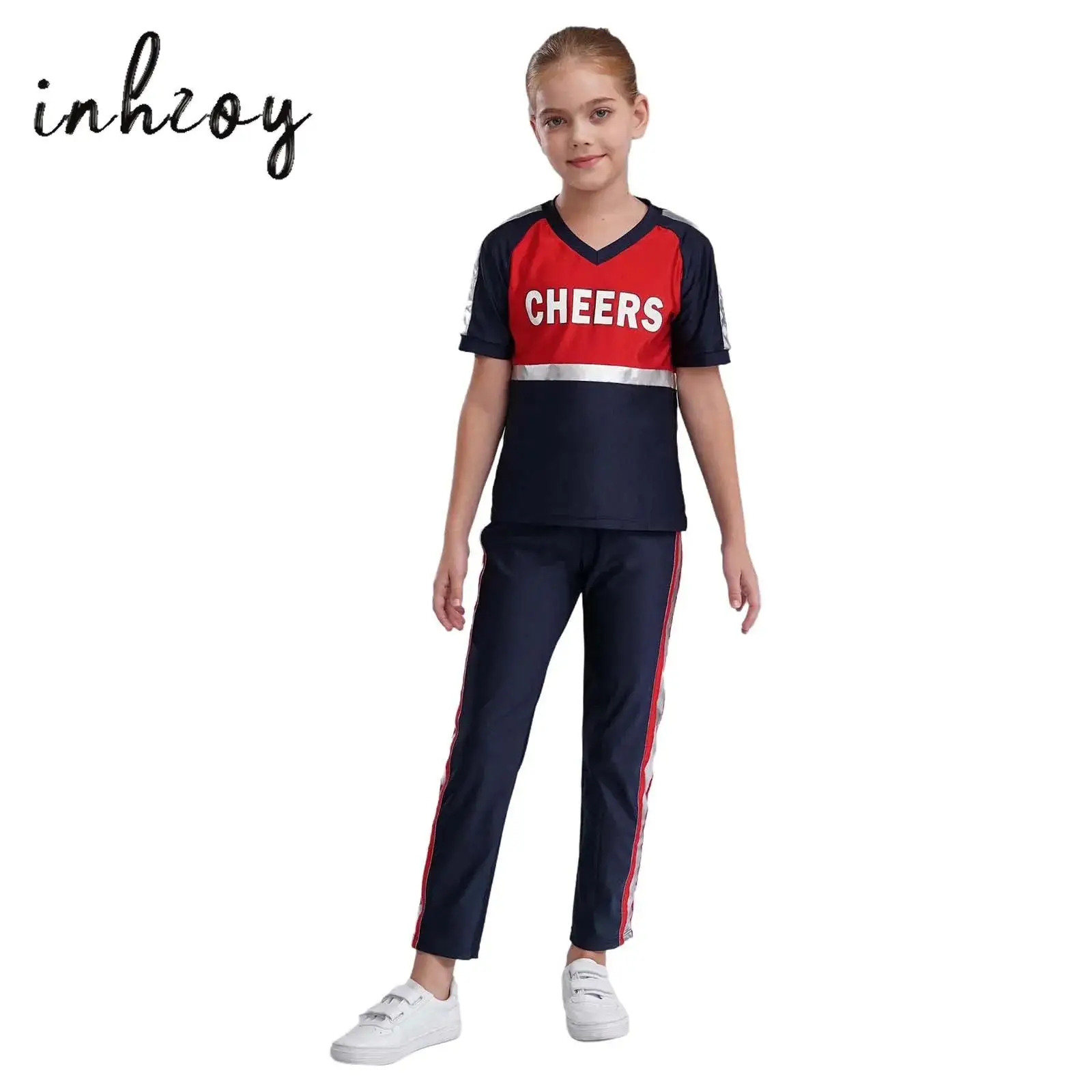 

Kids Girls Boys Hip-hop Cheerleading Uniform V-neck Short Sleeve Letter Print Metallic Color Block Patchwork T-shirt with Pants
