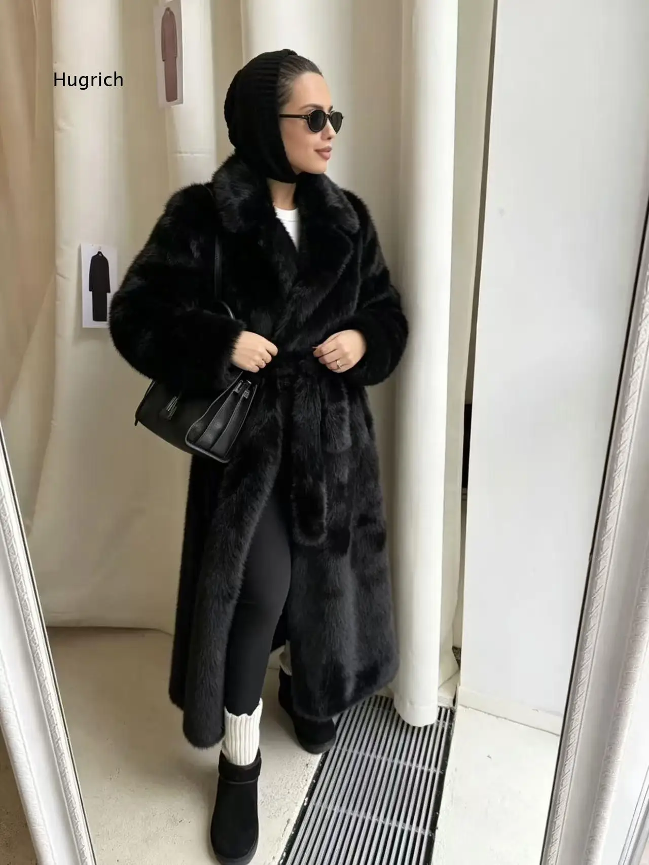 Mid Long Womens Woolen Coat Stand Collar Winter New Arrival Black Faux Leather Faux Grass Down Jacket Outerwear Fashion