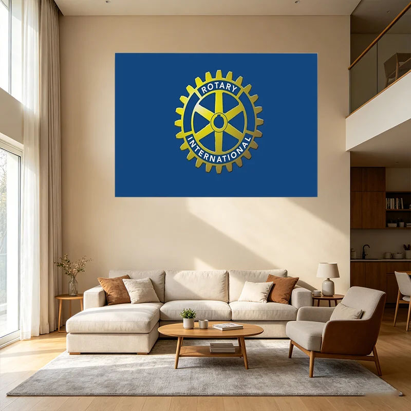 Large Decorative Rotary Club Logo Wall Tapestry Canvas Hanging Art Blue Yellow Accent Piece for Man Cave or Office