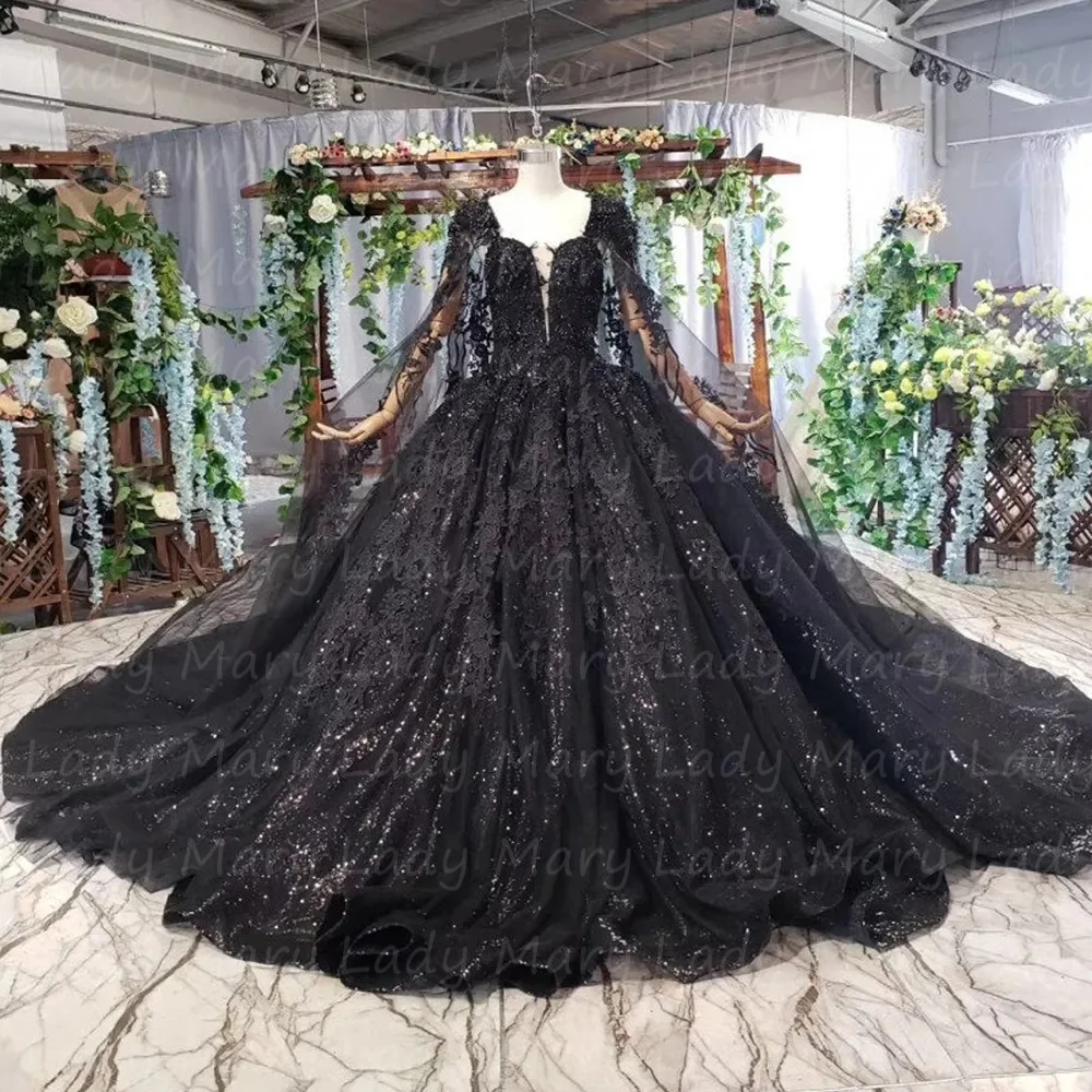 

Glitter Gothic Black Wedding Dresses Lace Applique Beads Cape Bridal Gowns Vestido Novia Girl Quinceanera Party Robe