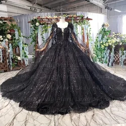 Customized Glitter Gothic Black Wedding Dresses Lace Applique Beads Cape Bridal Gowns Vestido Novia Girl Quinceanera Party Robe