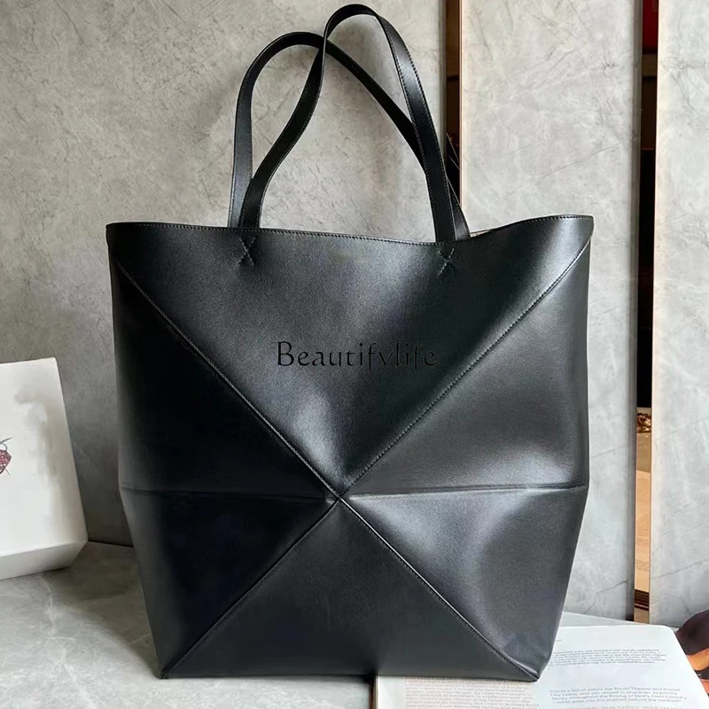 High-Grade Geometric Bag Folding Bag Leather One-Shoulder Portable