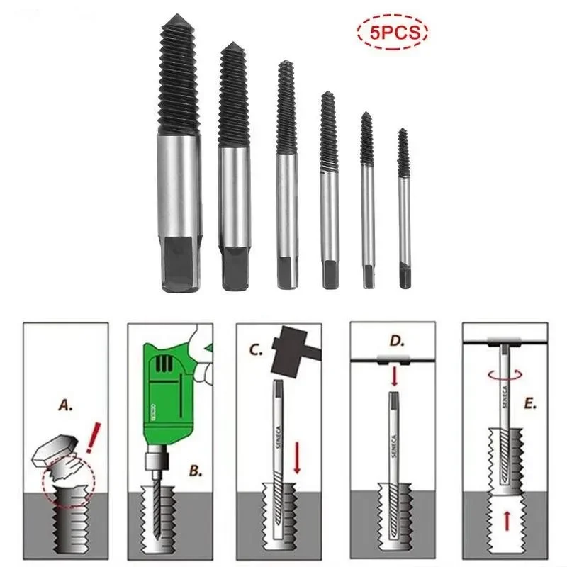 Extractor de tornillos rotos dañados, brocas de acero de 5/6 piezas, duradero, fácil extracción, taladro central, herramienta para quitar pernos dañados