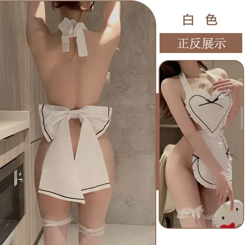 Big Bow White Backless Sexy Lingerie Dress Womens Underwear Maid Uniform Exotic Costume Cosplay Hot Babydoll Role Play