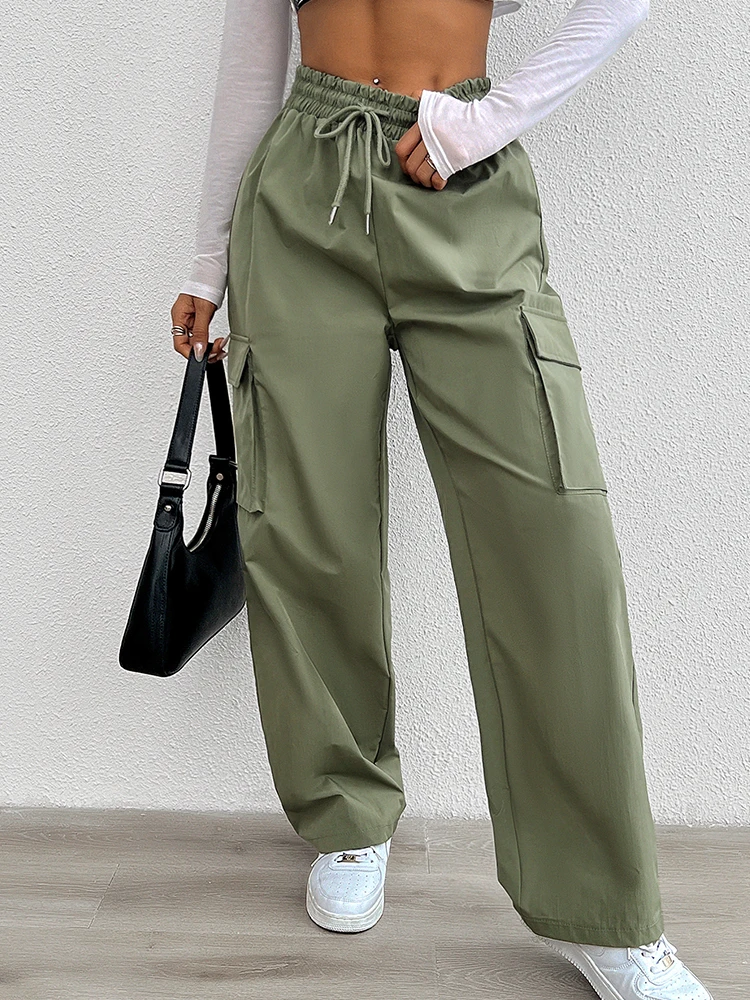 2024 Women New Overalls Elastic Drawstring Waist Pants Wide Leg Baggy Trousers Y2k Streetwear Oversize Sweatpants With Pocket