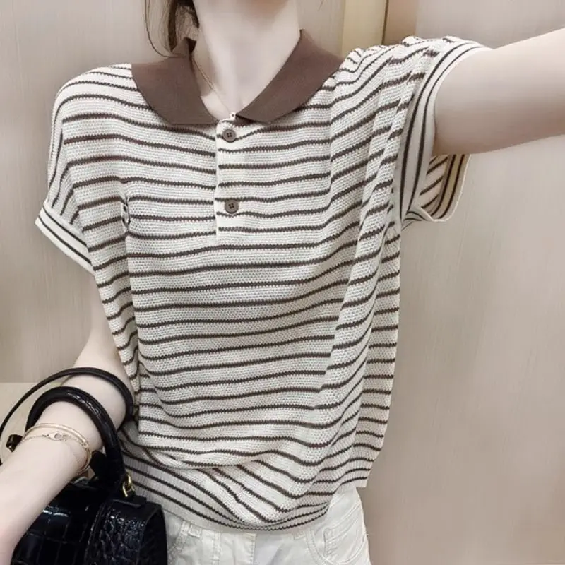 This Year's Popular Ice Silk Short-Sleeved Summer Striped T-Shirt For Women Features Bunny Embroidery, Contrasting Buttons, Polo