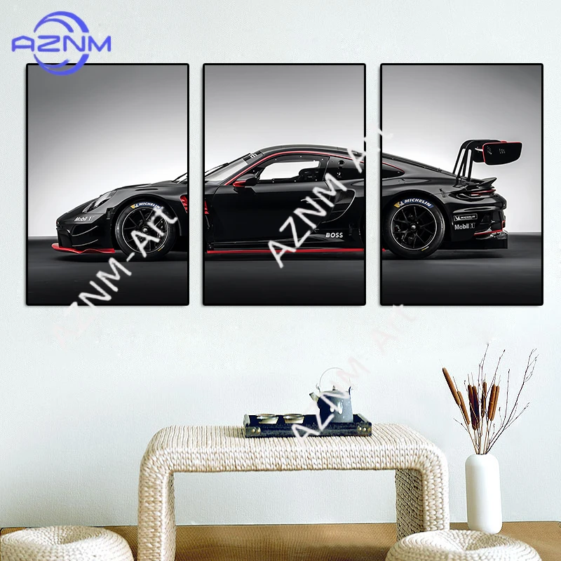 Black Sports Car 3-Piece Canvas Wall Art Set - Modern Supercar Triptych Prints for Boys Bedroom, Man Cave, Office Decor