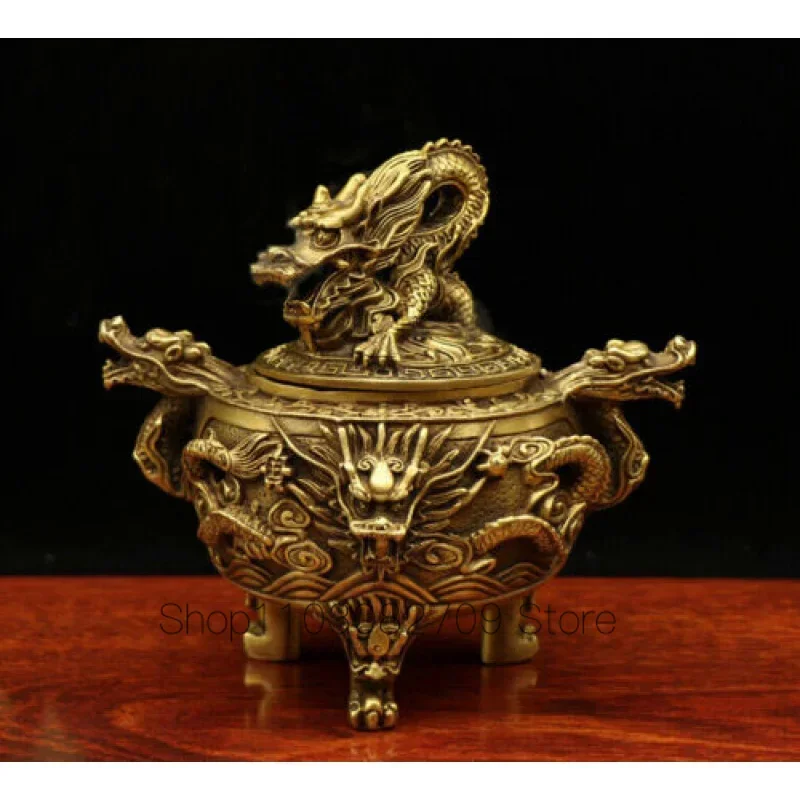 antique bronze carved tripod statue Lucky Incense Burners Handwork dragon Censer