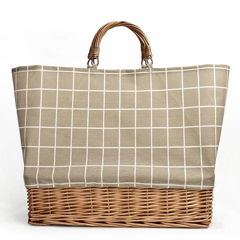 

New Straw Bag Plaid Canvas Splicing Bag Rattan Portable Canvas Bag Weaving Bag Lattice Stripe Handbag Rattan Bag