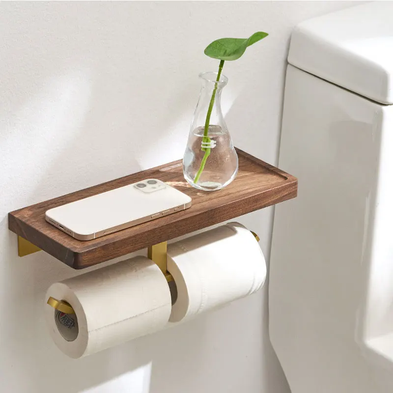 DOOKOLE Double Roll Holders with Solid Wood Shelf, Wall Mount Toilet Paper Holder with Shelf, Toilet Paper Storage (Gold)