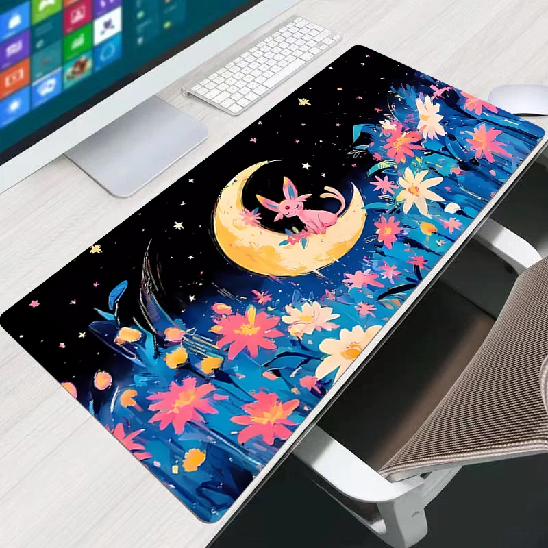 Mouse Pad Grande XXL com Borda Costurada para Gamer, Teclado, Mouse, Laptop, Computador, Escritório, Mesa, Gaming, P-Pokémon Eevee, Tapete para Mouse