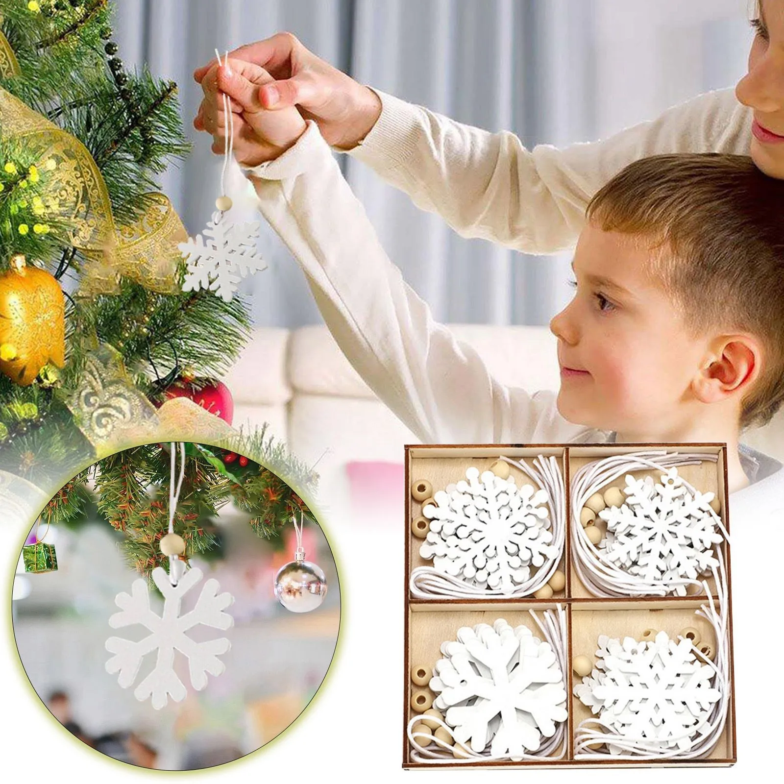 

24 Pieces White Snowflakes Ornaments Wooden Snowflake Christmas Ornament For Winter Home Tree Garland Christmas Decoration