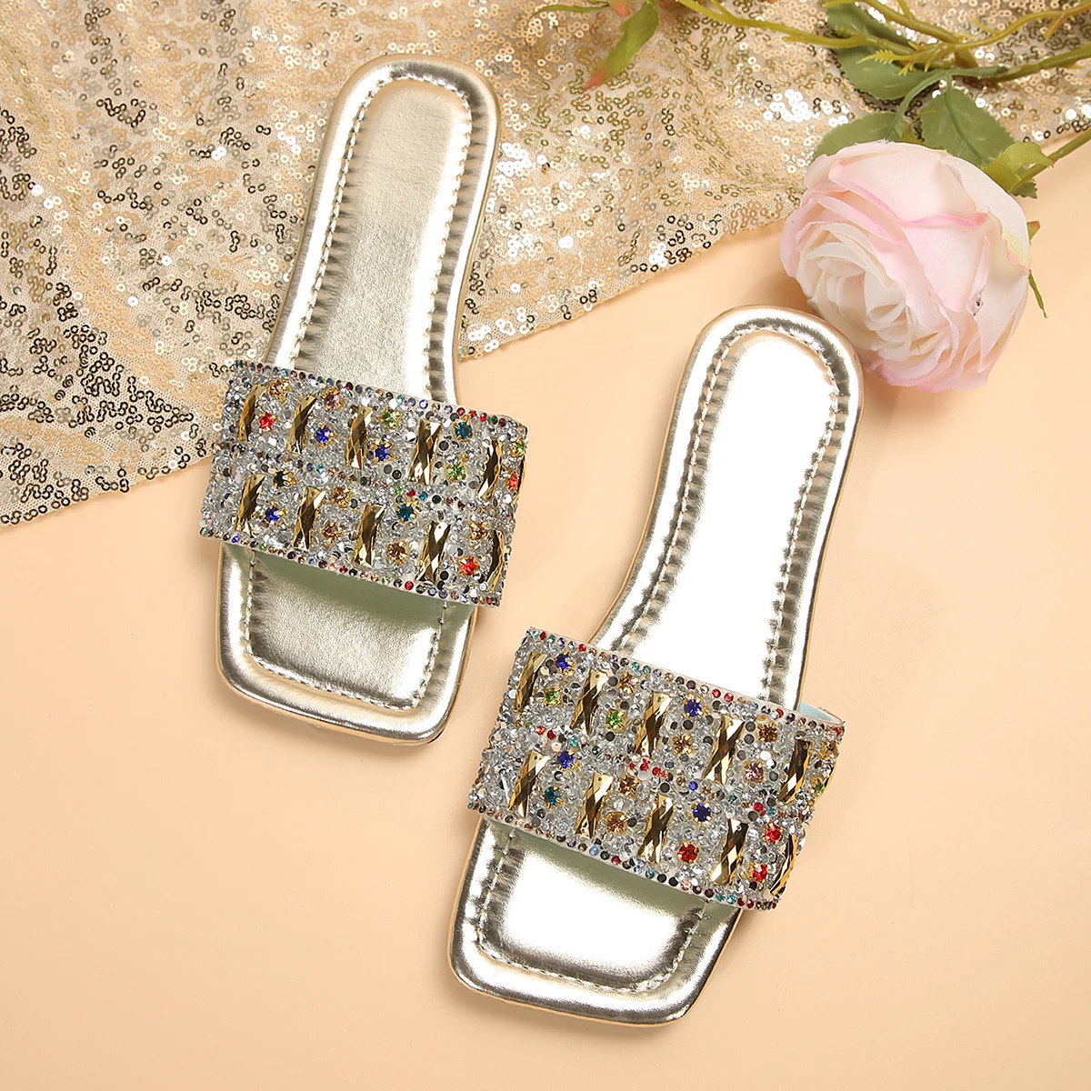 Golden Shiny Slippers Female Summer Wear Out Coarse Heel Color Everything Fashion Rhinestone Sandals Large Size Women\'s Shoes 43