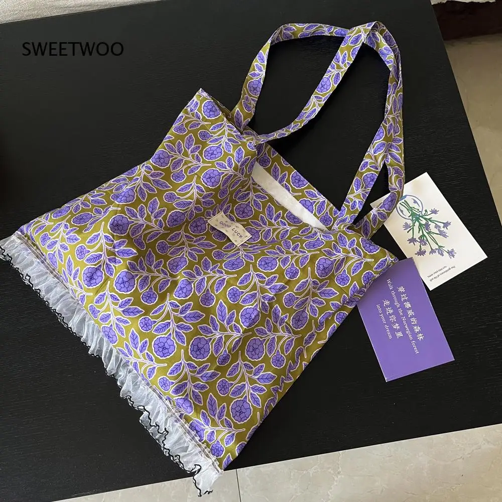 2026 Violet Floral Lace Frayed Edge Thin Cotton Tote Bag Semi Sheer Fabric Lazy French Style Small Capacity Women Shoulder Purse