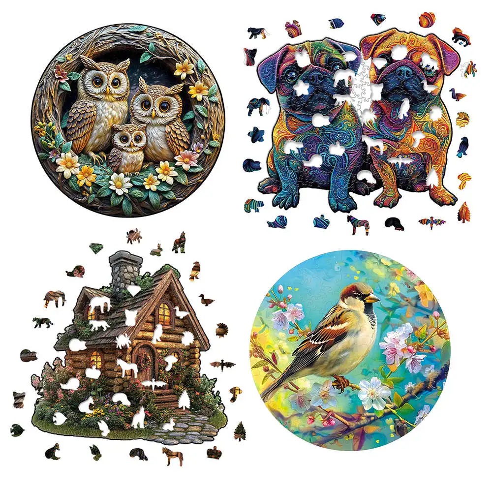Irregular Shape Wooden Animal Jigsaw Puzzle Colorful Flower Dog Cat Challenging DIY Puzzles for Adults Home Decor