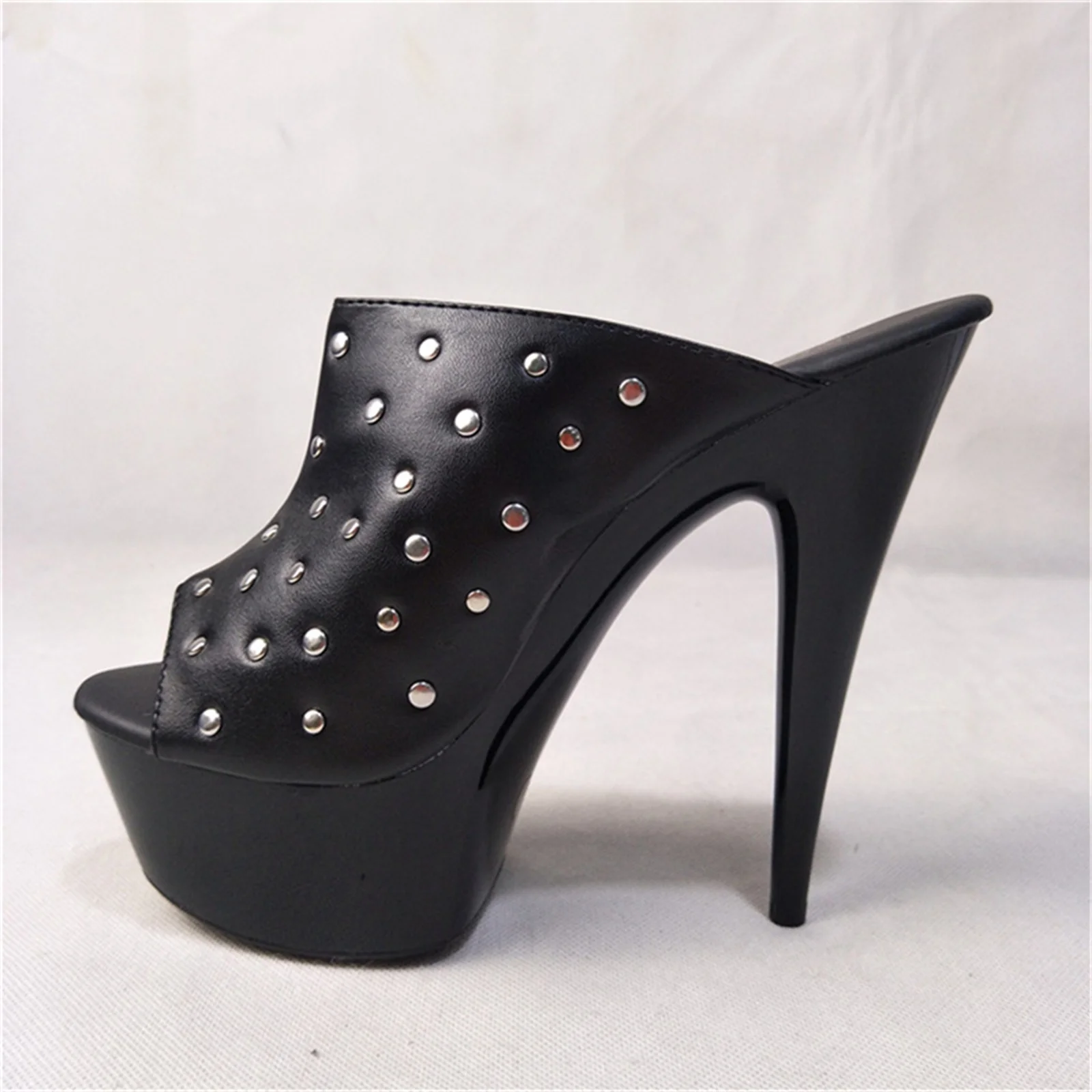 ​15CM Studded Peep Toe Mules Black, Punk Rock Platform Sandals with Silver Spike Details & Chunky Sole, Edgy Slip-On Heels​